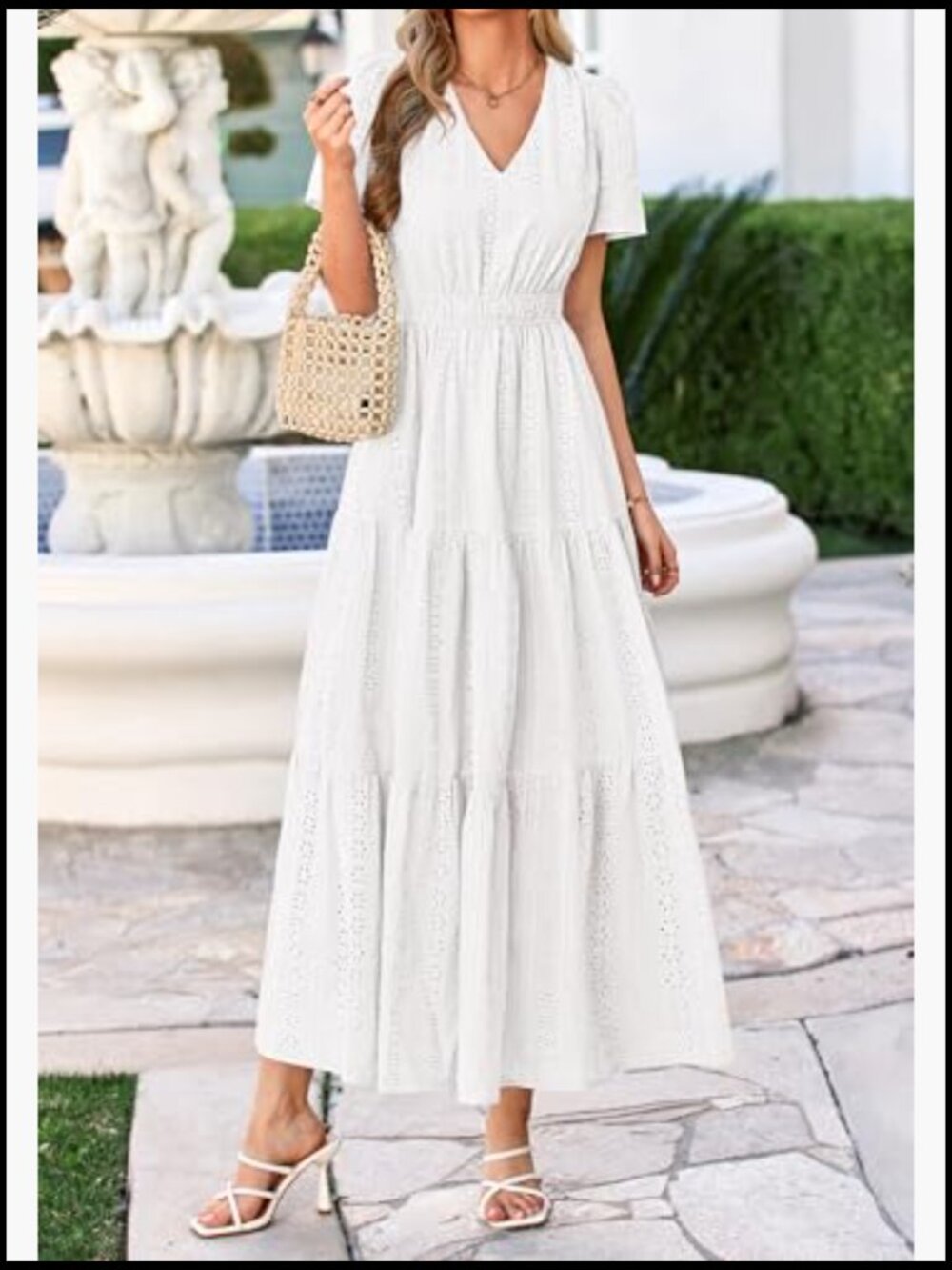 V Neck Hollow Out Eyelet A Line Flowy Maxi Dress - Picture 5 of 7